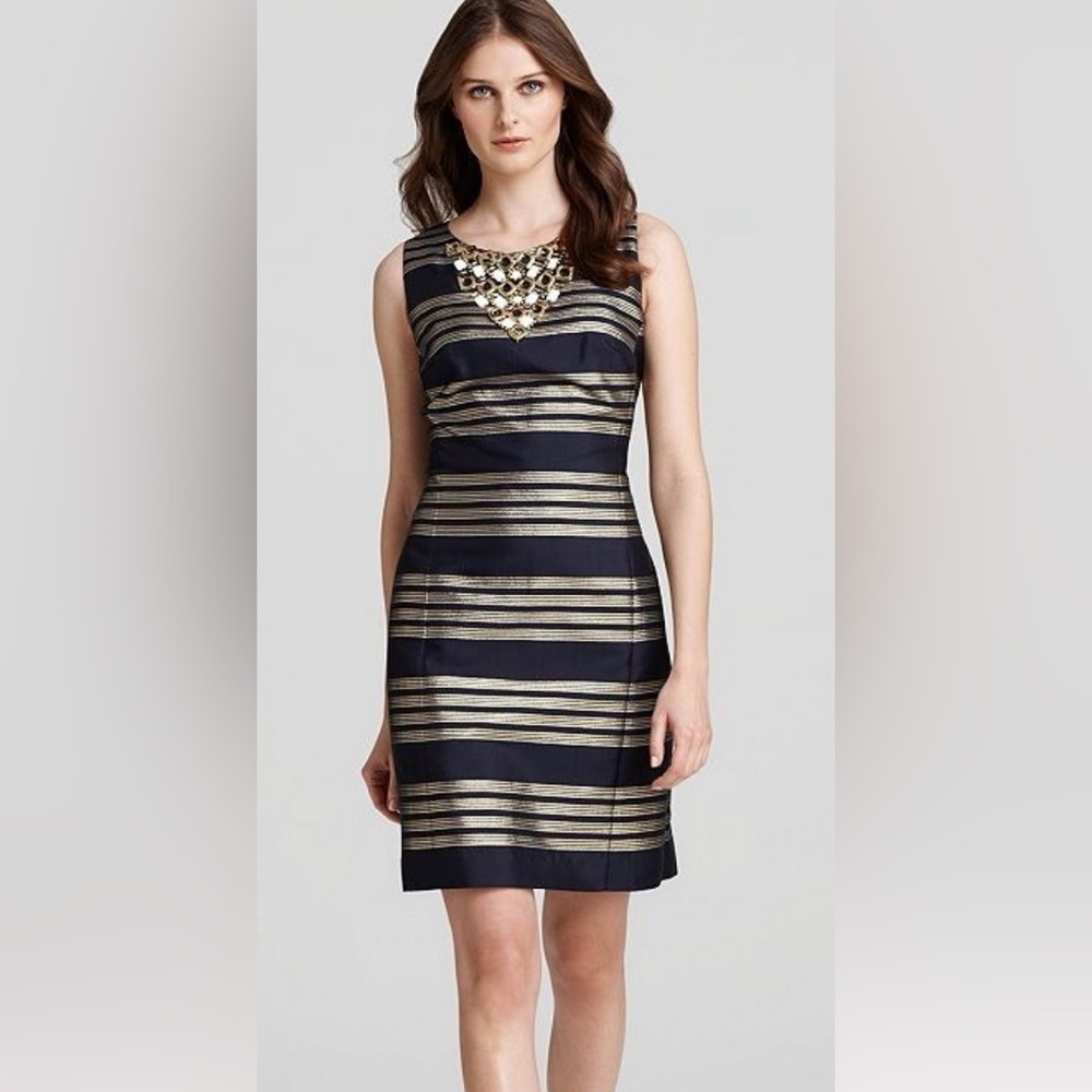Lilly Pulitzer Virginia Dress Navy Gold Stripe Embellished Size 0